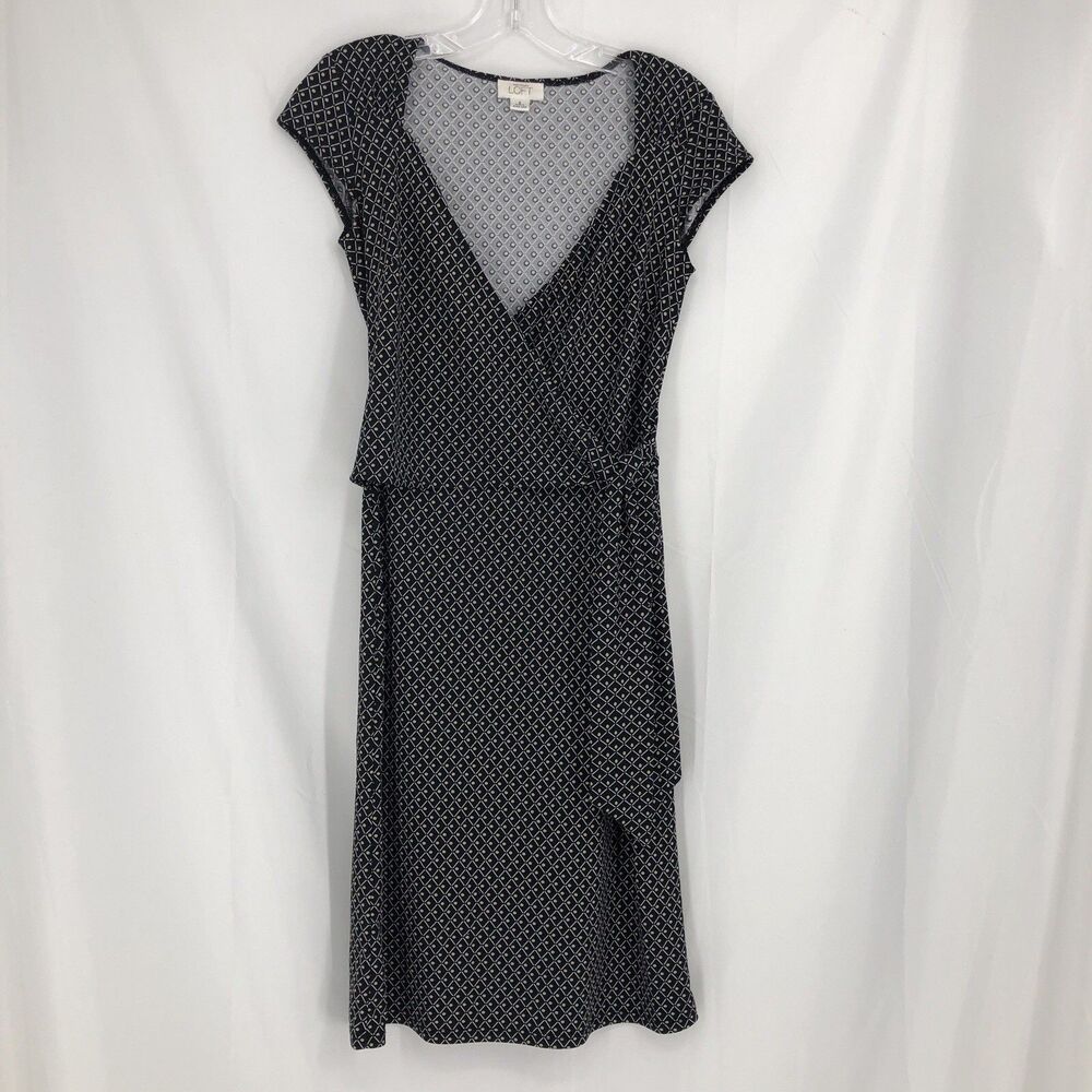 Ann Taylor LOFT Black White Geometric Floral Faux Wrap Tie Dress Size 0